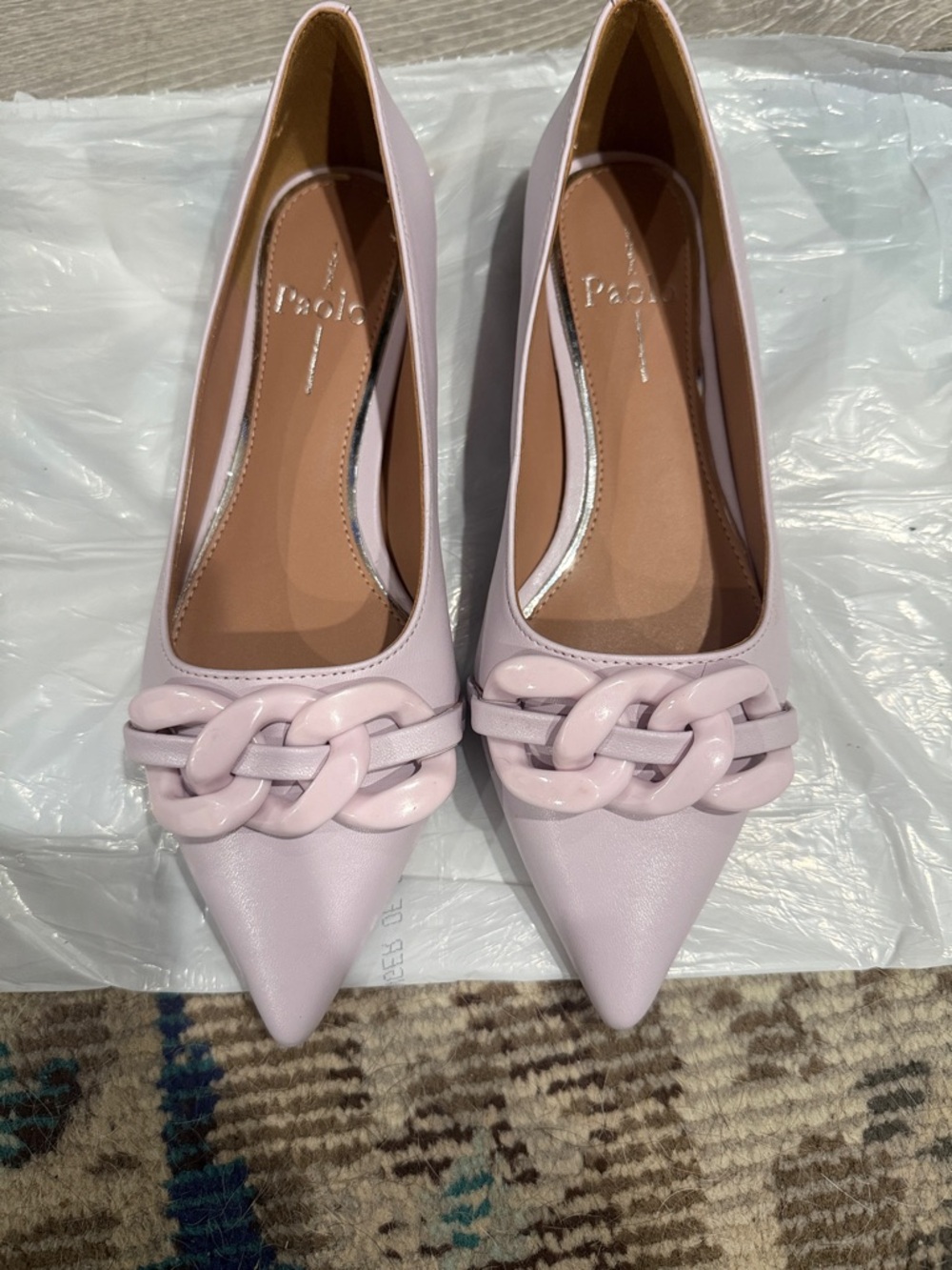 Paolo Lilac Pointed-Toe Flats with Glossy Chain